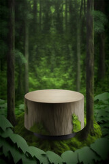 Wooden round pedestal in the green forest, green trees around. To display natural cosmetics. Generative AI.