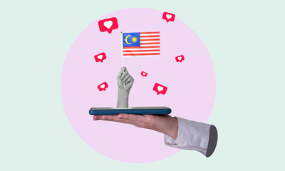 Art collage, a woman's hand comes out of a phone with the flag of Malaysia, on a light background.