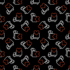 Heart and Delivery Truck vector concept line dark seamless pattern