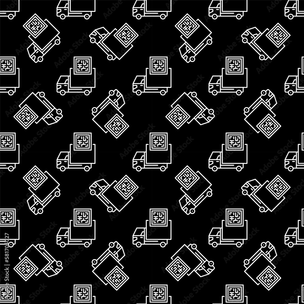Poster qr code and delivery truck vector line dark seamless pattern