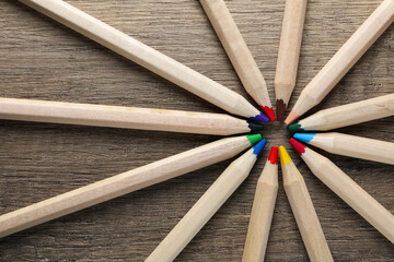 Concept of supplies for drawing - Colorful pencils