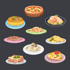 Italian food elements isolated set. Bundle of traditional dishes - pizza, lasagna, spaghetti, olive, pasta, parmesan cheese, sweet desserts and other. Hand drawn watercolor vector illustration 