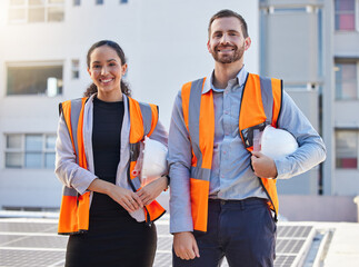 Team portrait of engineering people in outdoor, construction site, development or project...