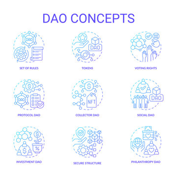 Decentralized autonomous organizations blue gradient concept icons set. No central leadership idea thin line color illustrations. Isolated symbols. Roboto-Medium, Myriad Pro-Bold fonts used