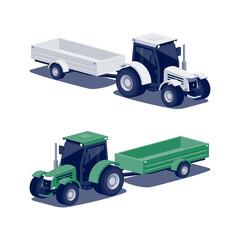 Isolated farming tractor with harvest trailer as agricultural equipment set. White and green tractor on white background. Isometric style vector illustration. Agriculture machinery for farm fieldwork. - obrazy, fototapety, plakaty