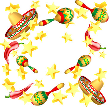 A Mexican Cinco de Mayo cartoon design with a sombrero hat, maracas rattles and peppers