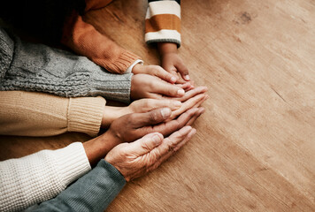 People, hands together and generations in care above on mockup for unity, compassion or trust on...