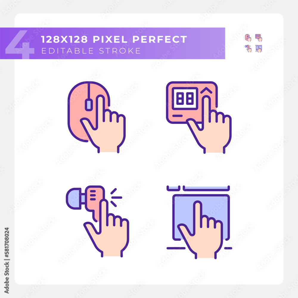 Poster hands pressing keys on devices pixel perfect rgb color icons set. electronic gadgets usage. equipmen