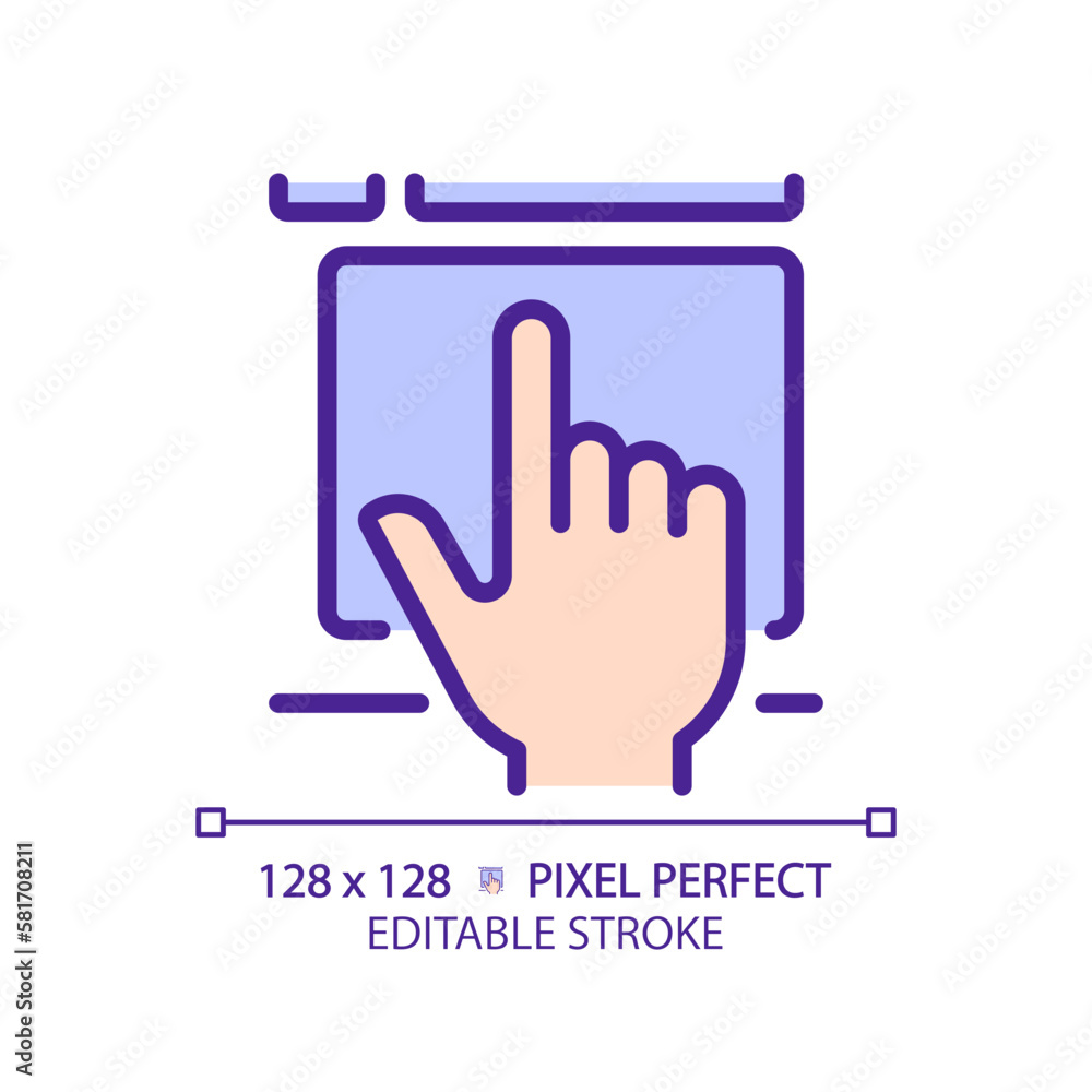Poster hand with touchpad pixel perfect rgb color icon. finger touching controller surface. digital technol