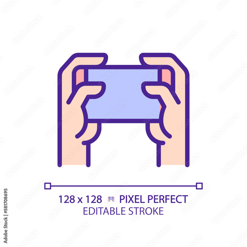 Poster holding smartphone with two hands pixel perfect rgb color icon. playing video games. comfortable dev