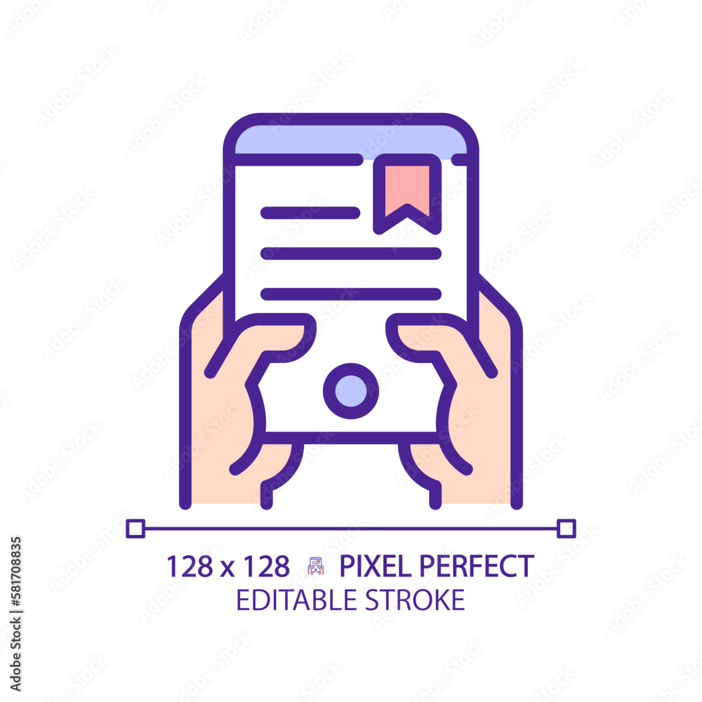 Poster Hand with ebook pixel perfect RGB color icon. Reading literature via electronic device. Access to digital library. Isolated vector illustration. Simple filled line drawing. Editable stroke