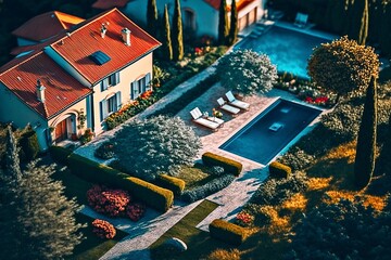 Residential Urbanization of Detached Houses with Pool, AI Generated