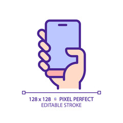 Hand with smartphone pixel perfect RGB color icon. Person holding cell phone. Mobile device for communication. Isolated vector illustration. Simple filled line drawing. Editable stroke