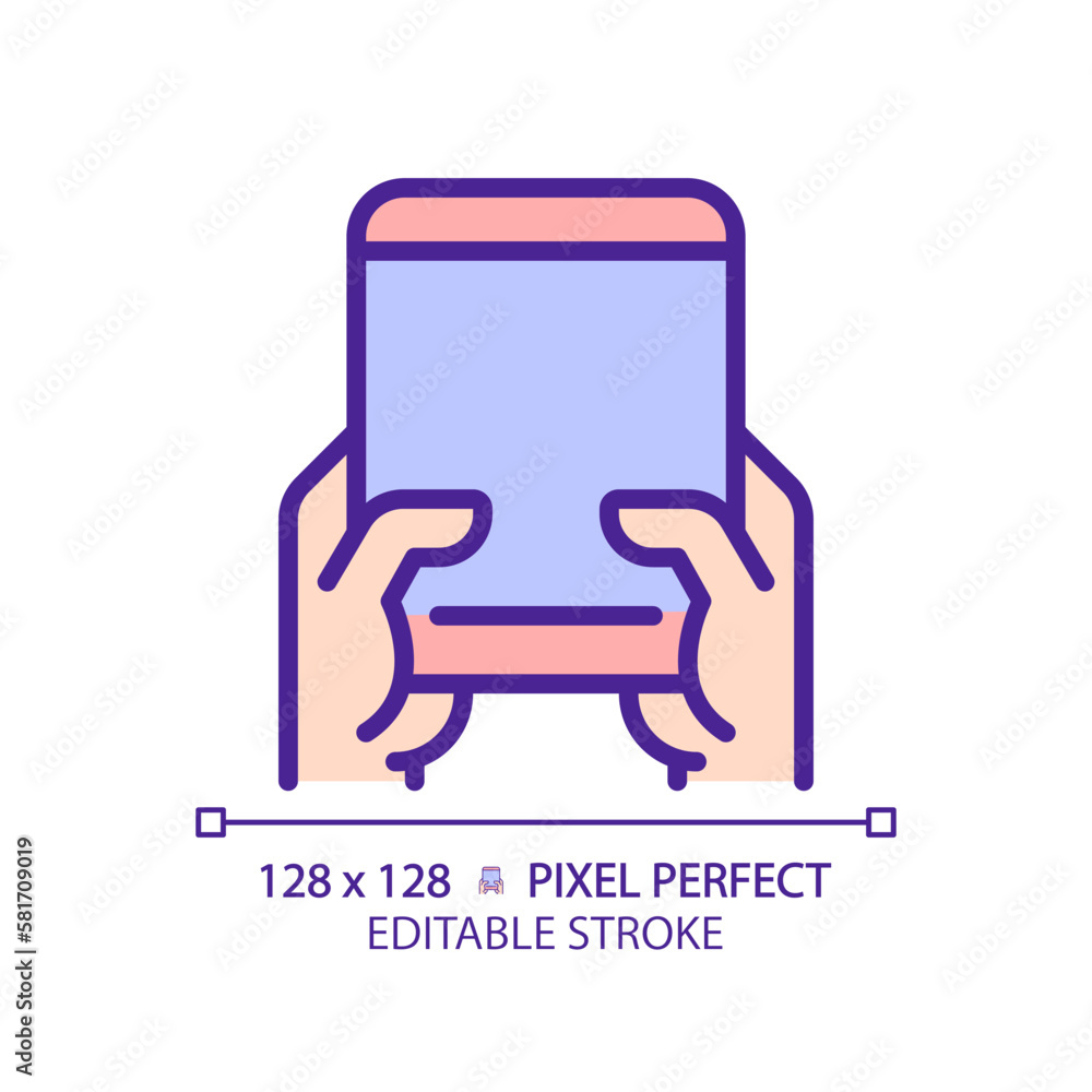 Poster Hand with tablet pixel perfect RGB color icon. Person using mobile device. Browsing internet via personal gadget. Isolated vector illustration. Simple filled line drawing. Editable stroke