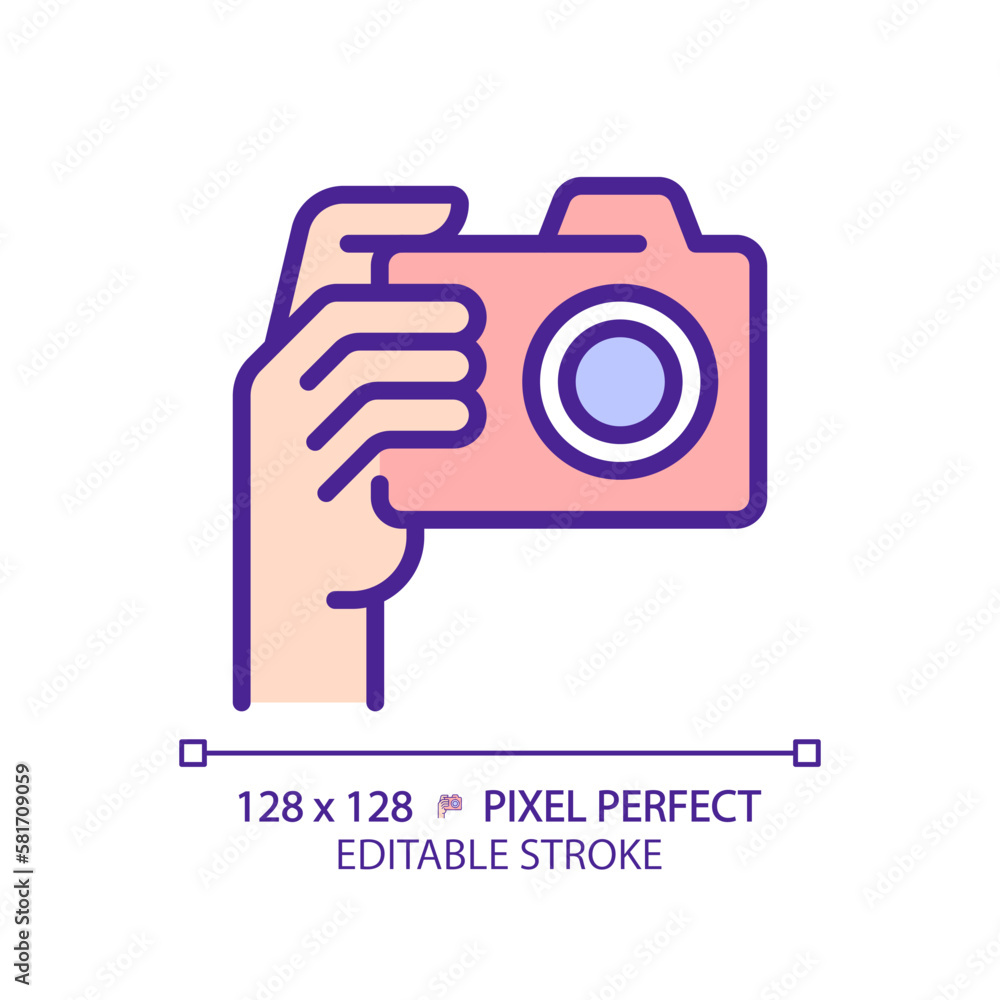 Poster hand with camera pixel perfect rgb color icon. person taking shot with analog equipment. photographe
