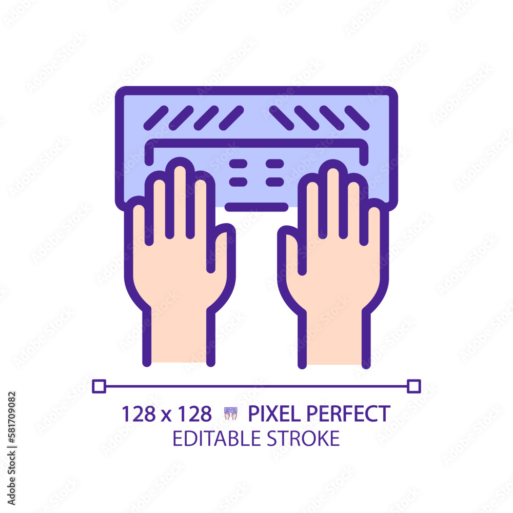 Poster hands with braille keyboard pixel perfect rgb color icon. equipment for users with eyesight problems
