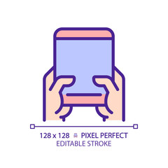 Hand with tablet pixel perfect RGB color icon. Person using mobile device. Browsing internet via personal gadget. Isolated vector illustration. Simple filled line drawing. Editable stroke