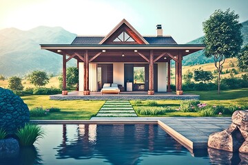 small modern house with living room overlooking the mountains with pergola porch large doors with infinity pool