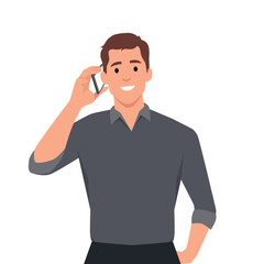 Young businessman in waistcoat speaking on the phone. Trendy person calling to mobile. Male character talking over cellphone