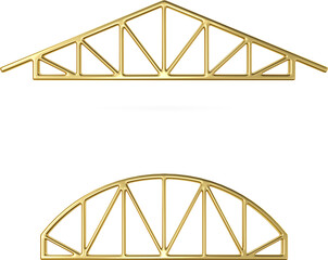 Gold metal truss icon. Roof metal trusses constructions. Set of roofing steel frames. 3d architectural blueprint.  3d rafter symbol. Illustration for engineering education. 3d rendering - obrazy, fototapety, plakaty