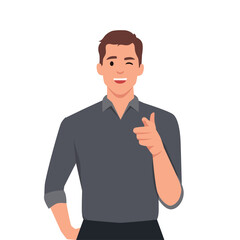 Confident man pointing finger at camera to press button on invisible screen. Young man wink and points to display with hand calling to attend event or participate in promotion