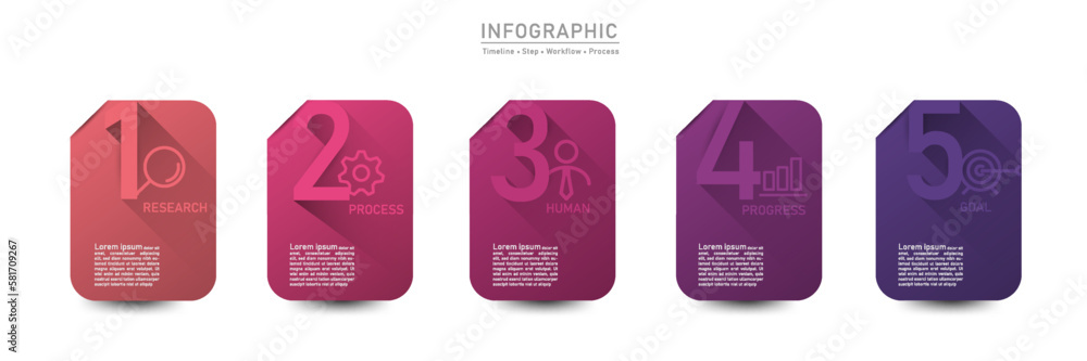 Poster business option infographic template. 5 step workflow number icon presentations. timeline diagram ob