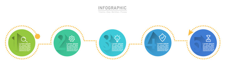 Business option infographic template. 5 Step workflow number icon presentations. Timeline diagram object vector.