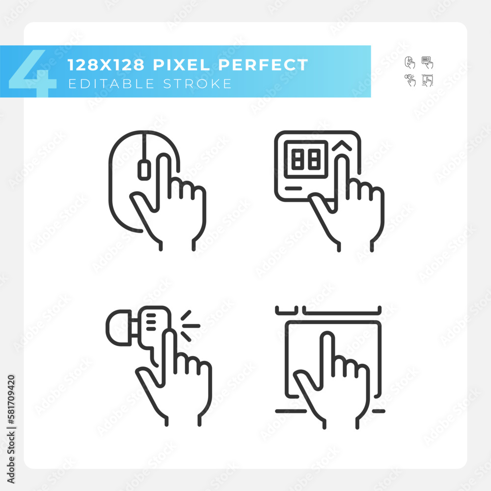 Poster hands pressing keys on devices pixel perfect linear icons set. electronic gadgets usage. equipment c