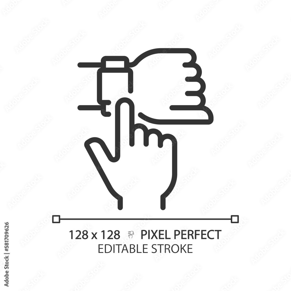 Poster hand with smart watch pixel perfect linear icon. digital wristwatch with useful appliances. personal