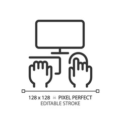 Hands with computer pixel perfect linear icon. Person working on PC. Electronic equipment for work and hobby. Thin line illustration. Contour symbol. Vector outline drawing. Editable stroke