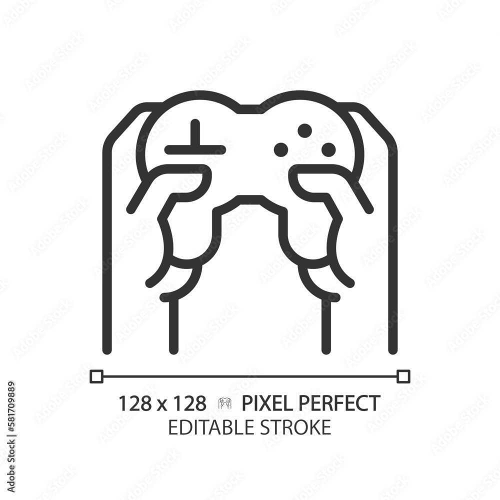 Poster hands with controller pixel perfect linear icon. person playing video game with joystick. technology