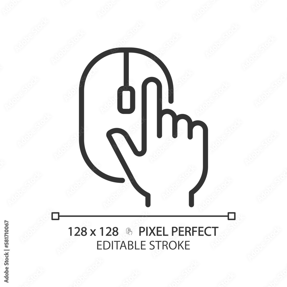 Poster hand with computer mouse pixel perfect linear icon. computer controller device. user clicking pc acc