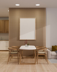 Luxury contemporary dining space with dining table, frame mockup on wood plank wall