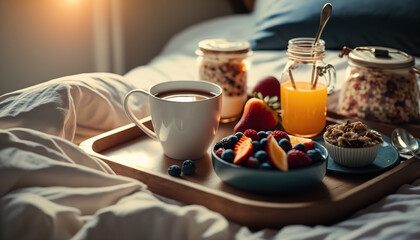 Cozy morning breakfast in bed on a tray. Orange juice, fruits and other tasty food. Indoor background. AI generative image. - obrazy, fototapety, plakaty