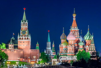 Fototapeta na wymiar Moscow night cityscape with Cathedral of Vasily the Blessed (Saint Basil's Cathedral) and Spasskaya Tower of Moscow Kremlin on Red Square, Russia
