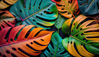 Tropic bright vibrant multicolor tropical monstera leaves pattern. Splash screen horizontal wallpaper. AI generative image.