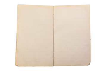 Vintage blank open notebook  with lined paper isolated on white.