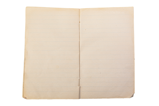 Vintage blank open notebook  with lined paper isolated on white.