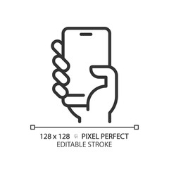Hand with smartphone pixel perfect linear icon. Person holding cell phone. Mobile device for communication. Thin line illustration. Contour symbol. Vector outline drawing. Editable stroke