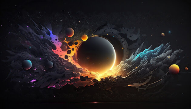 Abstract space core fantasy background with planet and glowing sky background. AI generative image.