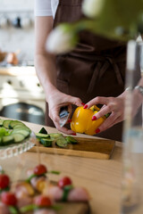 Cooking in the kitchen diet menu, healthy food, takeaway ready snacks. Hands of the chef in the frame cutting vegetables