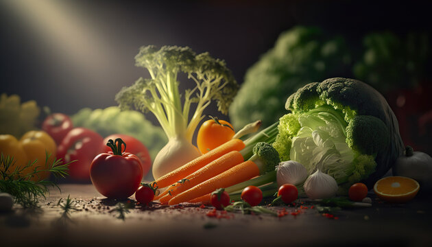 Assorted vegetables healthy organic food background concept. Vegetarian products. AI generative image.