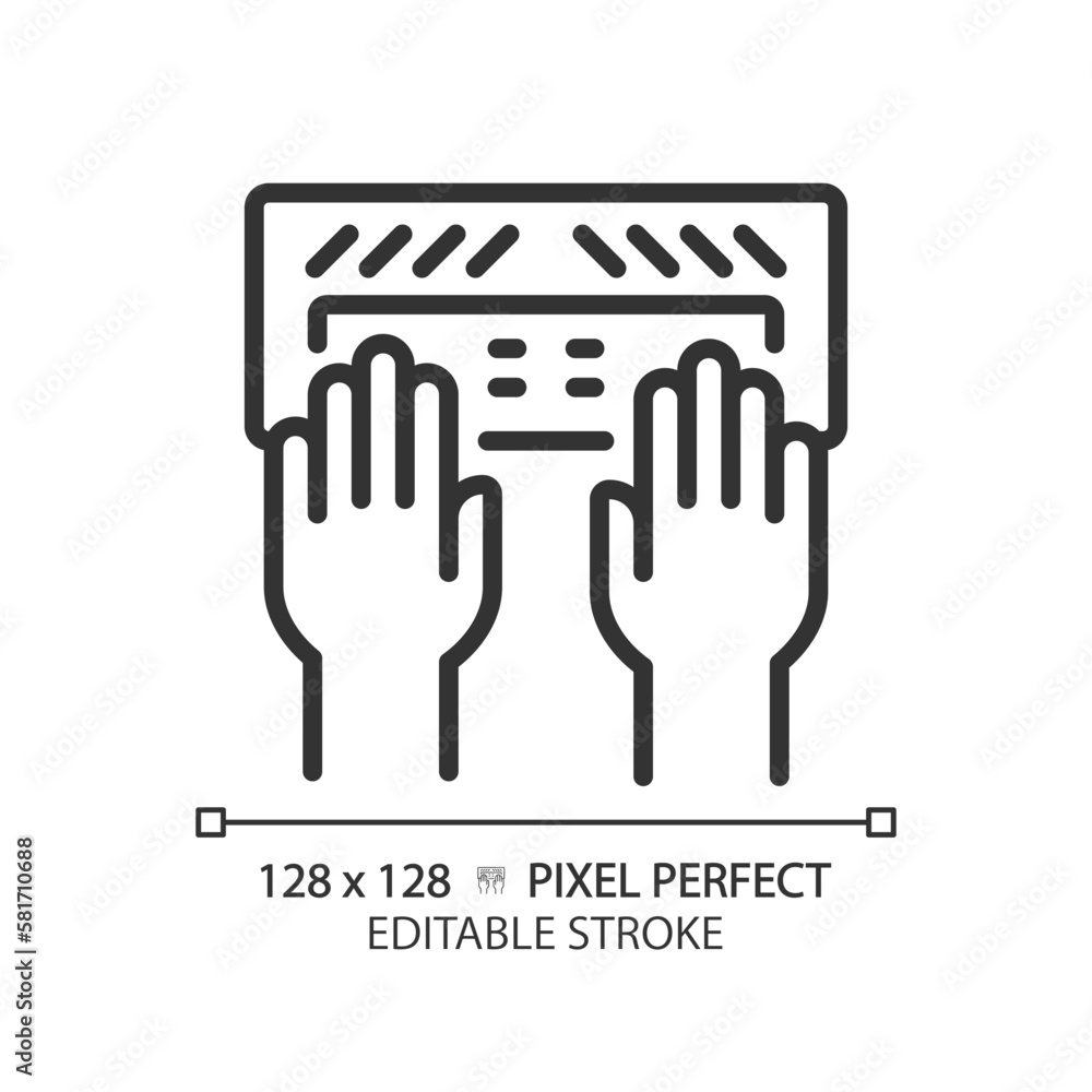 Poster hands with braille keyboard pixel perfect linear icon. equipment for users with eyesight problems. b