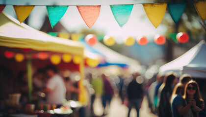 Abstract street fair blurred background, outdoor backdrop with copy space. AI generative image. - obrazy, fototapety, plakaty