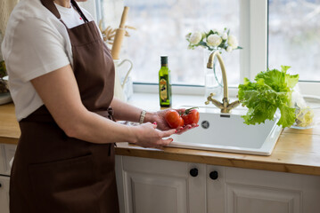 Cooking in the kitchen diet menu, healthy food, ready snacks, wash vegetables