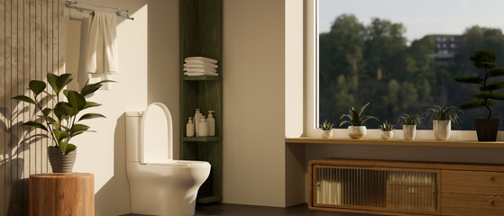 Beautiful cozy contemporary bathroom interior design with toilet, bath accessories