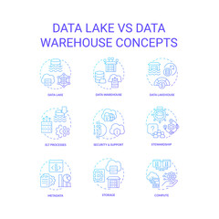 Data lake vs data warehouse blue gradient concept icons set. Information storage. Analytics idea thin line color illustrations. Isolated symbols. Roboto-Medium, Myriad Pro-Bold fonts used