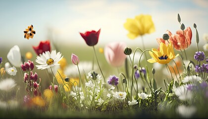 Beautiful spring blooming field with different flowers. Sunny meadow with wildflowers. Horizontal outdoor background. AI generative image.