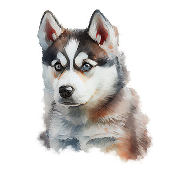 Siberian husky puppy, isolated watercolor illustration on transparent or white background, generative AI