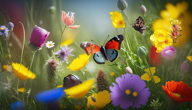 Beautiful spring sunny meadow with different wild flowers and butterfly. Springtime nature background. AI generative image.